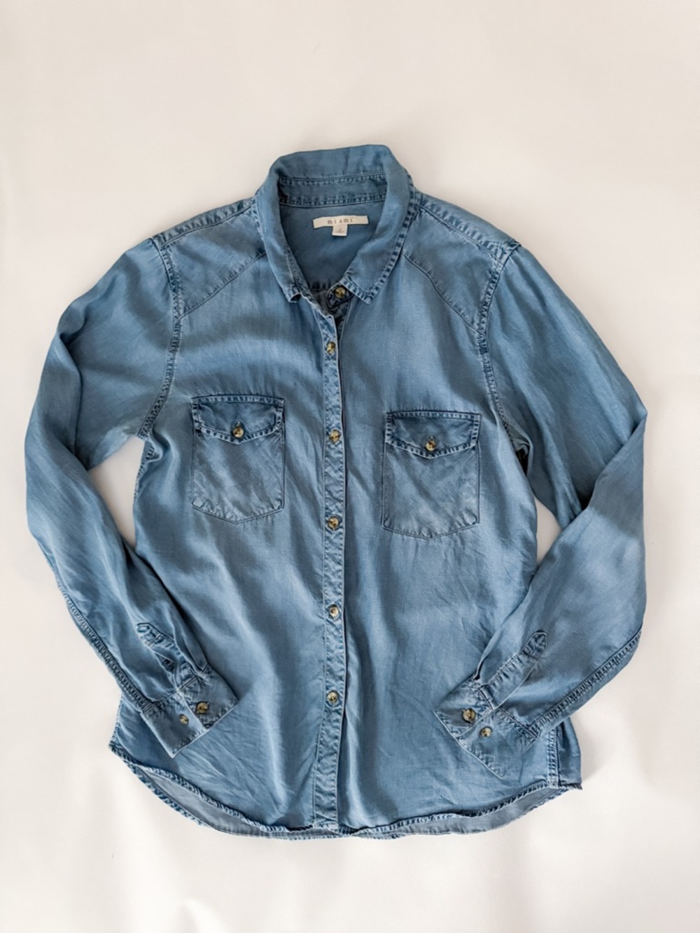 Miami Blue Chambray Shirt Lightweight Button Down Utility Top Womens Size L